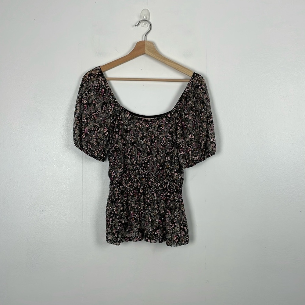 Willow & Root Floral Lace Babydoll Short Puff Off Sleeve Pullover Womens S Top